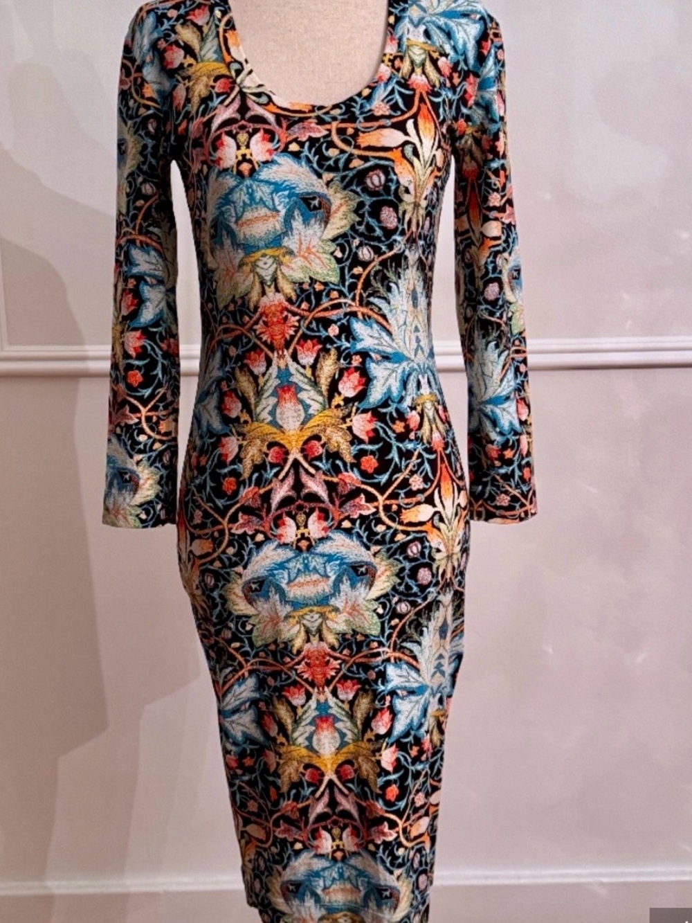 Just Cavalli Vintage Floral Baroque Print Bodycon Midi Dress Size M Multicolor